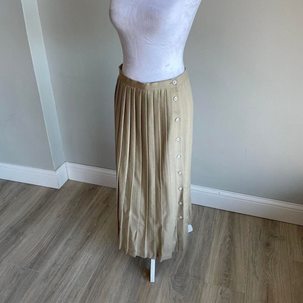 Russ VTG Tan / Khaki Pleated Mini Skirt Button Detail Women's 12 Twee Lagenlook